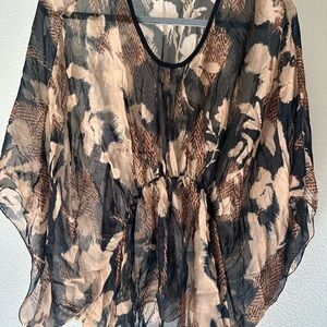 Sheer Black and Beige Floral-Print Women's Tunic Top